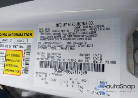 2018 Ford Fusion Se z USA, uszkodzony, nr VIN 3FA6P0HD5JR117349